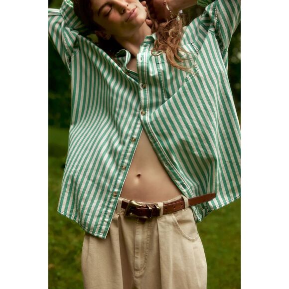 Free People We the Free Freddie Striped Shirt French Green Combo XL NEW - Picture 4 of 8